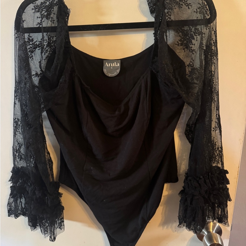 Arula Black Bodysuit with Lace Sleeves